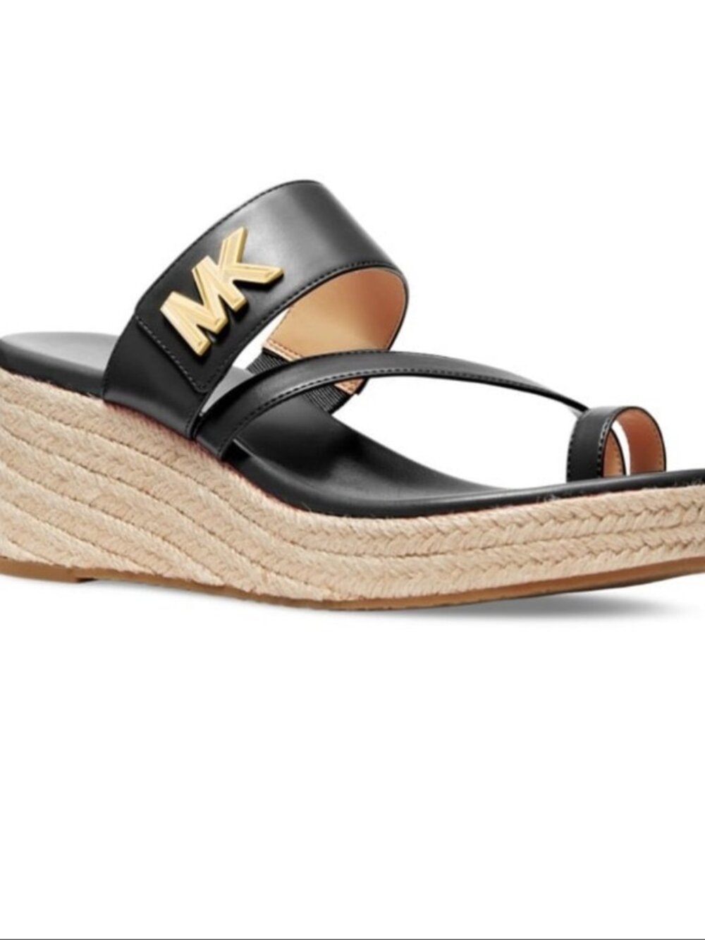 Michael Kors Black Leather MK Logo Espadrille Wedge Sandals with Gold Logo
